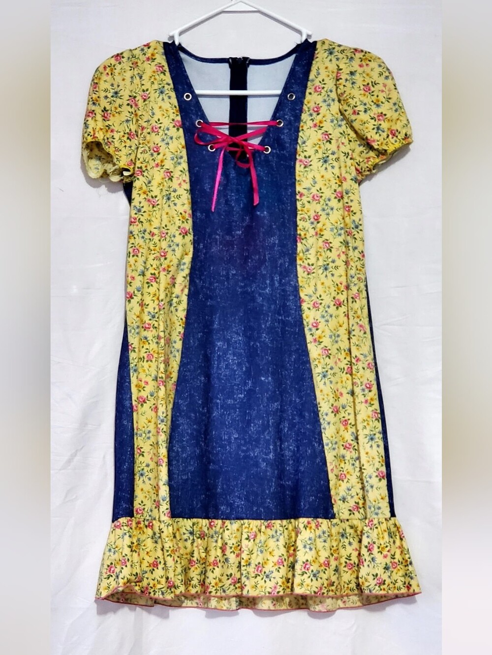 Adult Medium Yellow Floral & Blue Panel Dress with Pink Tie Costume